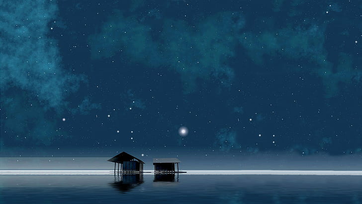 Calm, Night, Stars, Lake, Hut, cottage and sky graphic art illustration, calm, night, stars, lake, hut, HD wallpaper
