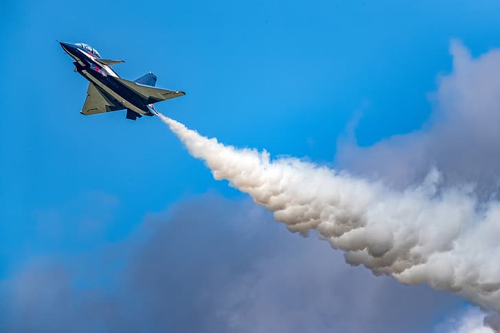 Clouds, Smoke, Fighter, Aerobatic team, Chengdu J-10, AIR FORCE CHINA, August 1st aerobatic team, Changchun Airshow 2019, HD wallpaper