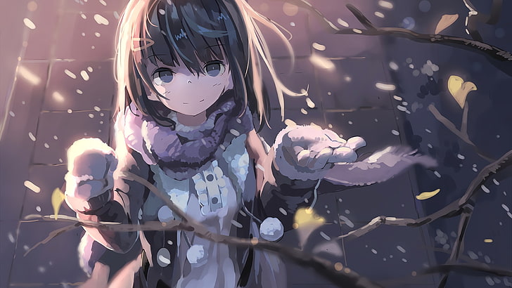 anime girl, scarf, snow, winter, short hair, Anime, HD wallpaper