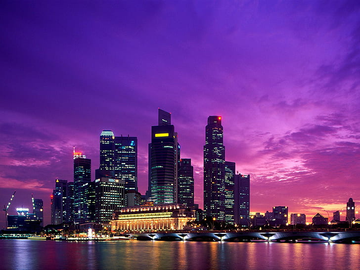Twilight Singapore, skyline photo, twilight, singapore, HD wallpaper