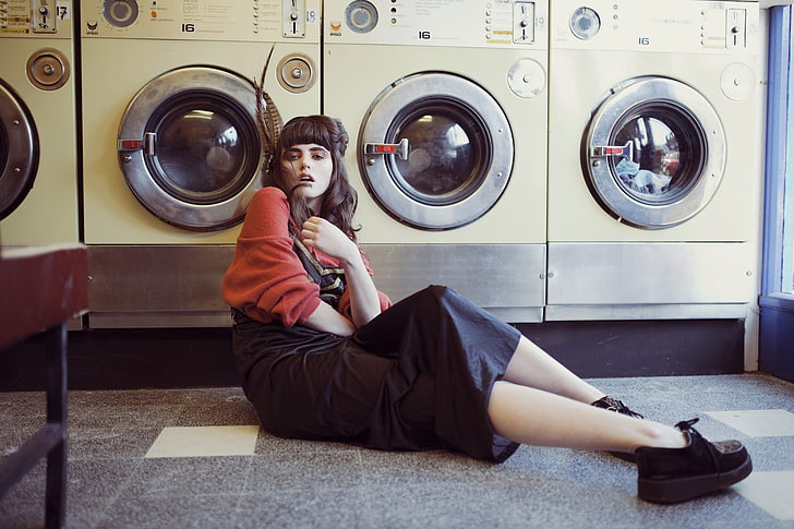 women, brunette, skirt, sweater, laundry, on the floor, Alexandra Cameron, model, washing machine, HD wallpaper