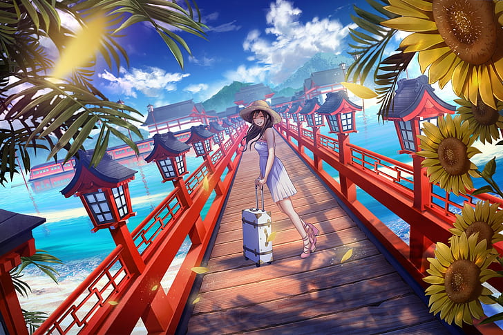 anime, anime girls, beach, clouds, dress, flowers, hat, long hair, sky, sunflowers, water, HD wallpaper