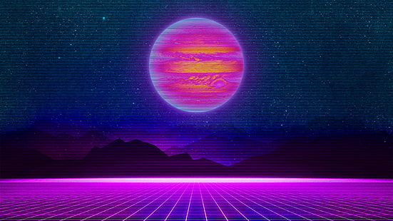 Mountains, Music, Stars, Neon, Planet, Space, Background, Jupiter, Electronic, Synthpop, Darkwave, Synth, Retrowave, Synth-pop, Sinti, Synthwave, Synth pop, JohnLeePee, HD wallpaper HD wallpaper