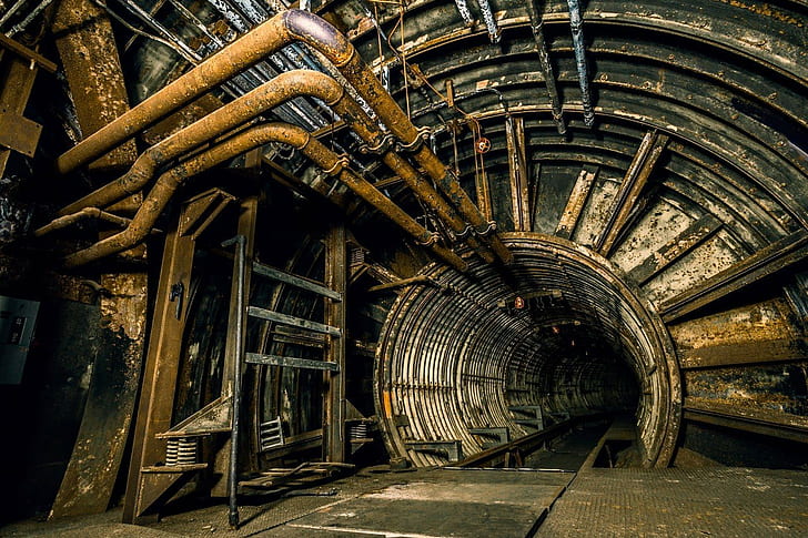 urban architecture tunnel pipes metal rust abandoned, HD wallpaper