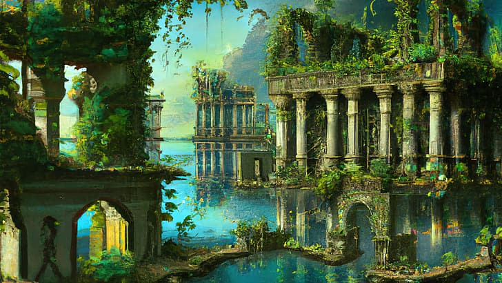 Sztuka AI, malarstwo AI, malarstwo, sztuka fantasy, wiszące ogrody Babilonu, starożytne miasto, świątynia, starożytna świątynia, tropikalna, ruiny, Tapety HD