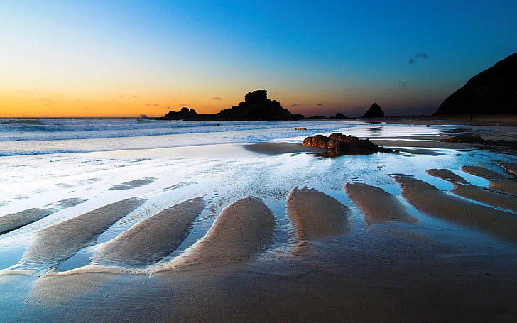 nature, paysage, mer, plage, horizon, sable, roche, coucher de soleil, Fond d'écran HD
