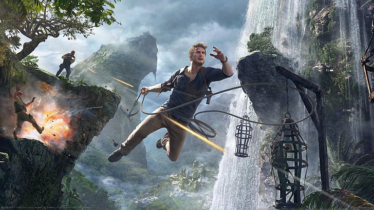 Hombre sujetando la ilustración de la cuerda, Uncharted 4: A Thief's End, PlayStation 4, videojuegos, Naughty Dog, Sony, saltando, Fondo de pantalla HD