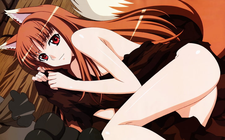 lange braune Haare weibliche Anime-Figur, Anime, Spice and Wolf, Holo, Anime-Mädchen, Tierohren, Okamimimi, HD-Hintergrundbild