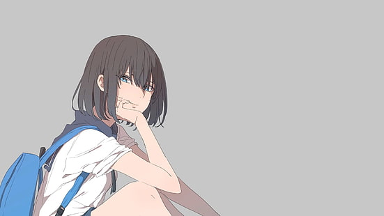 Anime, Manga, Anime Girls, grau, grauer Hintergrund, einfacher Hintergrund, Rucksäcke, HD-Hintergrundbild HD wallpaper