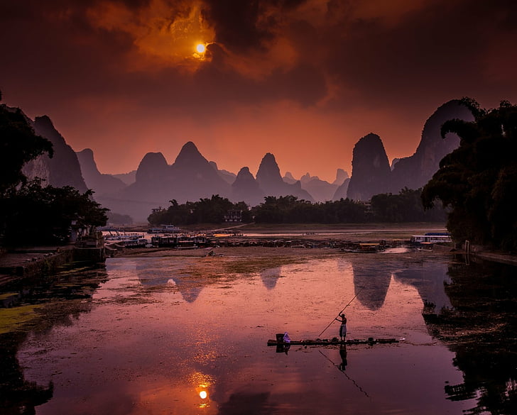 การถ่ายภาพทิวทัศน์จีนแม่น้ำ Li ภูเขาภูเขา Nanling พระอาทิตย์ตก, วอลล์เปเปอร์ HD