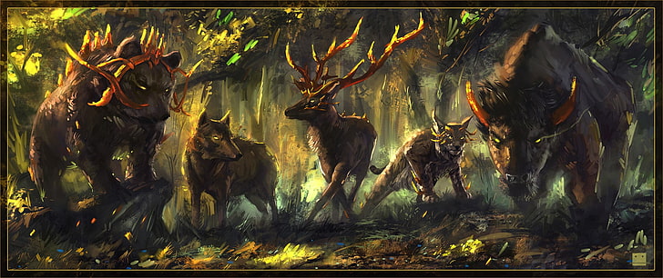 животные охотник и охотятся обои, фэнтези арт, волк, медведи, животные, HD обои
