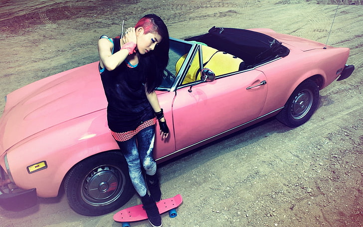 pink convertible coupe, girl, style, swag, HD wallpaper