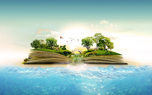 фото манипулация, книга, хора, вода, дървета, фантазия, HD тапет HD wallpaper