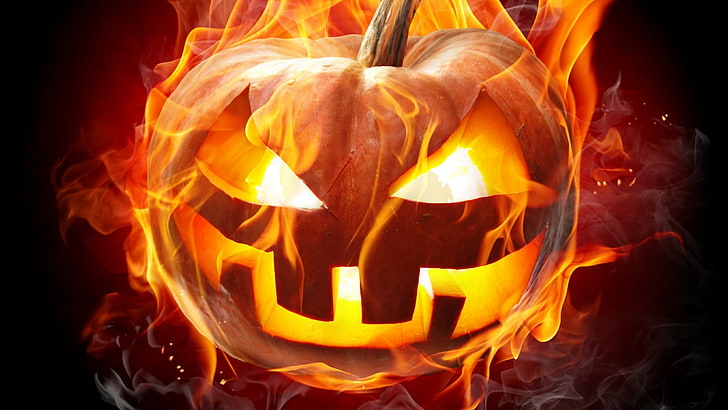 halloween, pumpkin, jack o lantern, flame, creepy, orange, burn, fire, heat, graphics, HD wallpaper