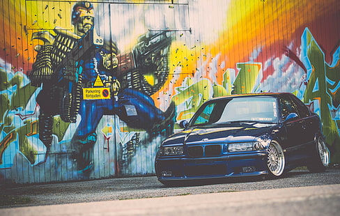 BMW E36 Tuning, E36, M3, bmw, Tuning, stance, blue, graffiti, HD wallpaper HD wallpaper
