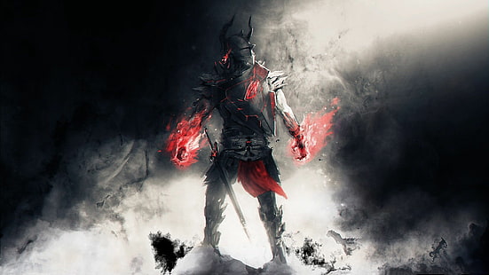 Republic of Gamers HD, самураи с пылающими руками, доспехи, доспехи, asus, темные, футуристические, шлемы, рога, республика геймеров, стоя, мечи, воины, оружие, оружие, HD обои HD wallpaper