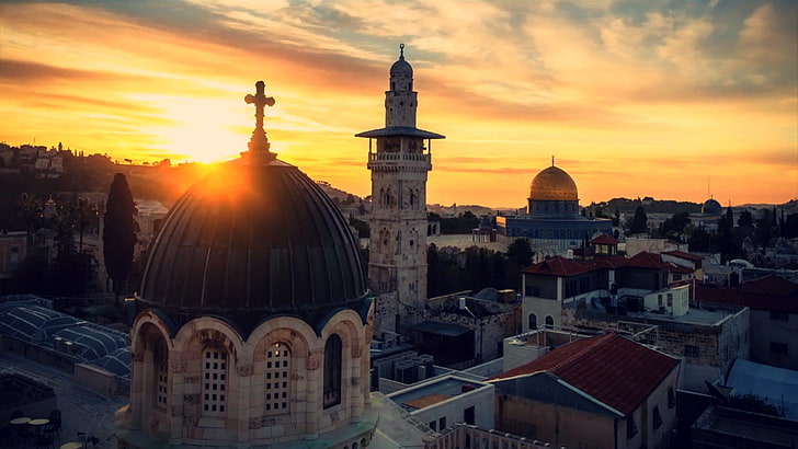 Kudüs, gökyüzü, gün batımı, çapraz, kutsal şehir, kilise, kaya kubbe, HD masaüstü duvar kağıdı