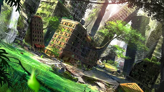 Ruine, Anime, Stadt, Gras, HD-Hintergrundbild HD wallpaper