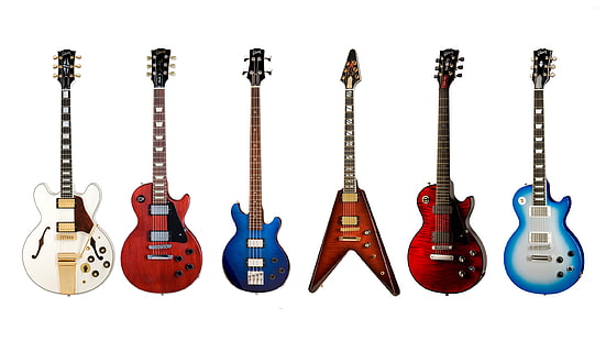 six assorted electric guitars, gibson, electric guitar, bass guitar, HD wallpaper HD wallpaper