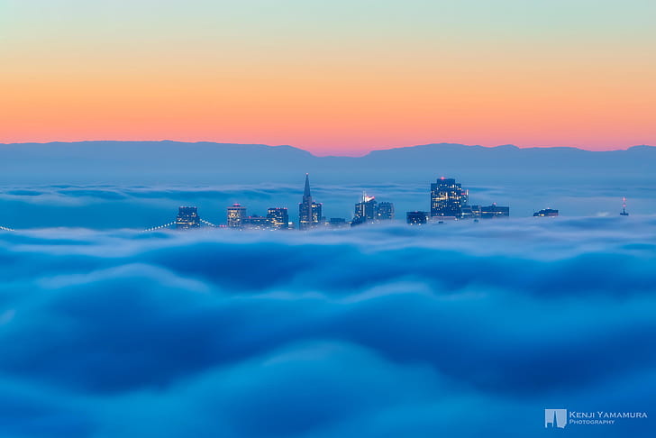 niebo, miasto, mgła, dal, San Francisco, fotograf, Kenji Yamamura, Tapety HD