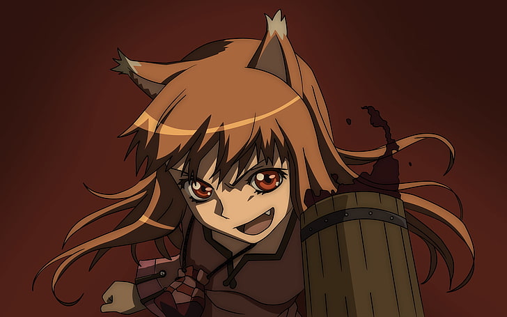 Ilustrasi Spice and Wolf, Spice and Wolf, Holo, anime, berambut merah, mata oranye, anggur, telinga hewan, serigala, rambut panjang, gadis serigala, Okamimimi, Wallpaper HD