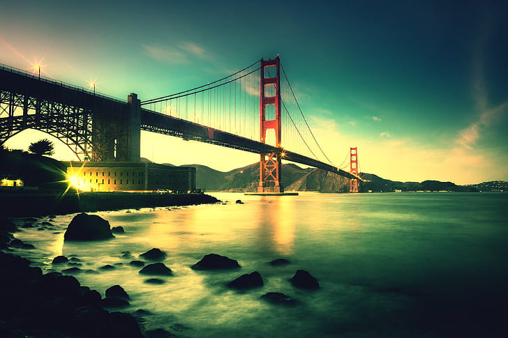 jembatan gerbang emas, san francisco, sinar matahari, laut, awan, Kota, Wallpaper HD