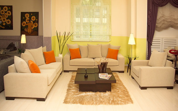 gray 2-seat couches, living room, sofa, cushion, style, interior, HD wallpaper