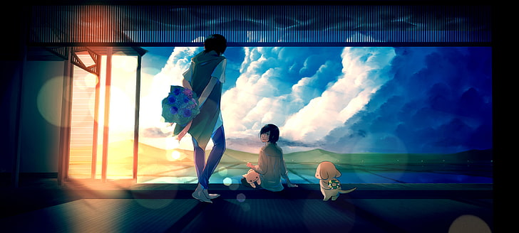kobieta w szarym górnym malowaniu, niebo, kot, dziewczyna, słońce, chmury, zachód słońca, kwiaty, pies, bukiet, anime, sztuka, facet, wieniec, tamagotchi, Tapety HD