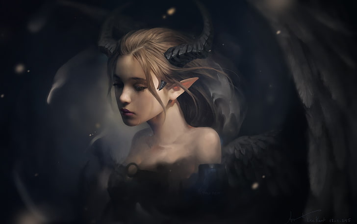 winged woman digital wallpaper, pointed ears, horns, wings, children, tiefling, HD wallpaper
