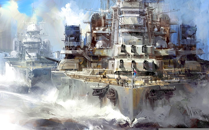 white ship painting, oil, picture, canvas, &quot;ships of the line in the ranks, &quot; WW2, HD wallpaper