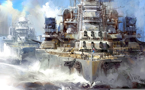 white ship painting, oil, picture, canvas, &quot;ships of the line in the ranks, &quot; WW2, HD wallpaper HD wallpaper