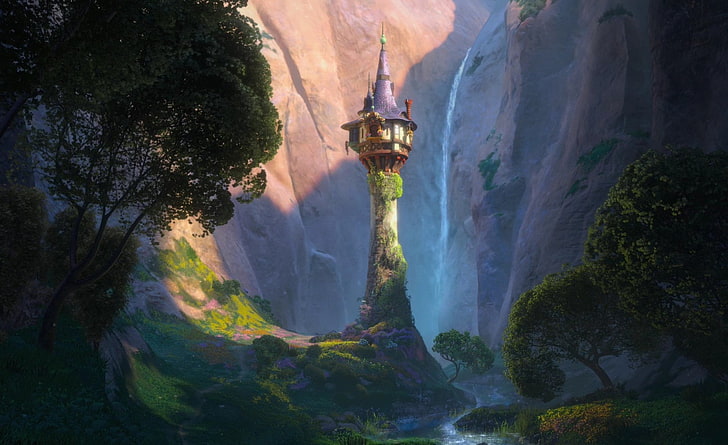 قلعة متشابكة ، رسم توضيحي لبرج رابونزيل متشابك من ديزني ، رسوم متحركة ، متشابكة ، قلعة، خلفية HD