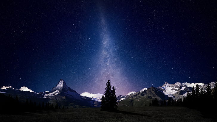 noche estrellada, galaxia, noche, espacio, árboles, bosque, Alpes suizos, estrellas, montañas, arte espacial, Vía Láctea, cielo, Fondo de pantalla HD