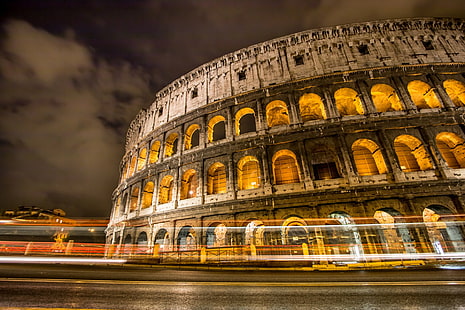 Памятники, Колизей, Италия, Свет, Ночь, Рим, Промежуток времени, HD обои HD wallpaper