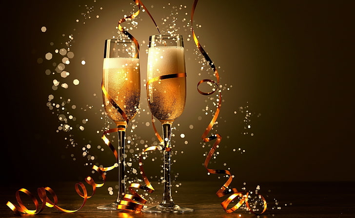 Firande, två klara champagneflöjtglas, helgdagar, alla hjärtans dag, firande, HD tapet