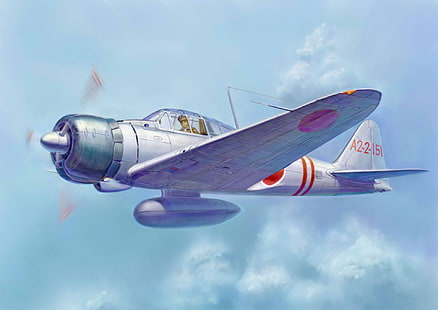 white and pink biplane, war, art, painting, aviation, ww2, japanese fighter, Mitsubishi A6M zero, HD wallpaper HD wallpaper
