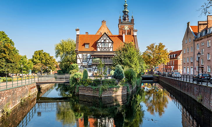 trees, house, Poland, channel, island, Old Town, Gdansk, embankments, Miller's House, The House Of Miller, The Radunia Channel, Radunia Channel, HD wallpaper