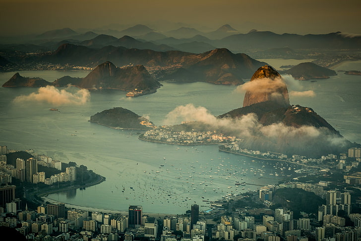 море, планини, крайбрежие, панорама, Бразилия, мегаполис, Рио де Жанейро, HD тапет