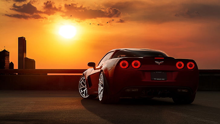 red Chevrolet Corvet, car, sunset, Corvette, HD wallpaper