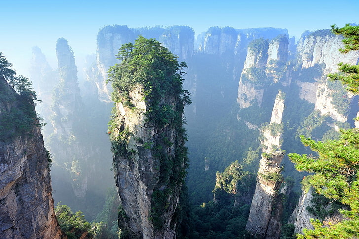пейзажный плакат, природа, скалы, пейзаж, Китай, Хунань, растения, HD обои