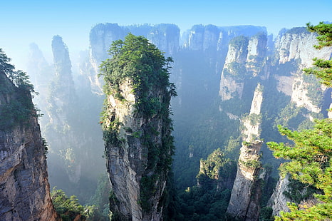 cartel de paisaje, naturaleza, acantilado, paisaje, China, Hunan, plantas, Fondo de pantalla HD HD wallpaper