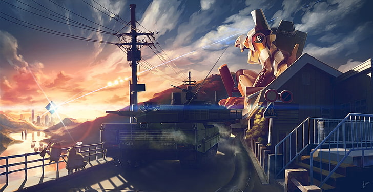 gray war tank illustration, minions, tank, Neon Genesis Evangelion, sunset, EVA Unit 00, HD wallpaper
