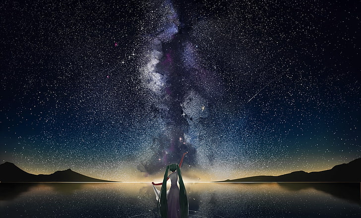 Hatsune Miku илюстрация, пространство, планини, хоризонт, звезди, падащи звезди, езеро, Hatsune Miku, HD тапет