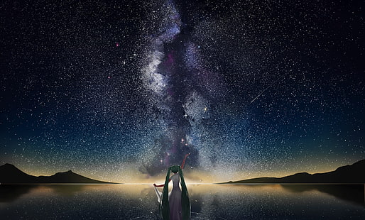 Hatsune Miku ilustracja, przestrzeń, góry, horyzont, gwiazdy, spadające gwiazdy, jezioro, Hatsune Miku, Tapety HD HD wallpaper