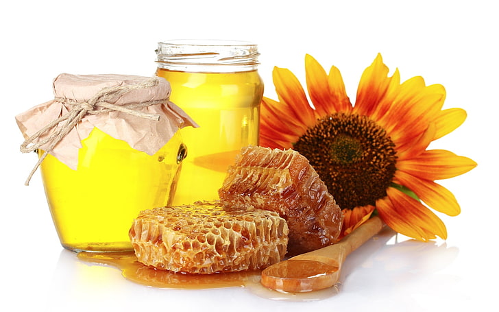 sunflower and jar of honey, honey, flower, cell, HD wallpaper