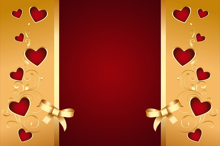 braunes band illustration, hintergrund, herzen, rote, golden, liebe, romantisch, Valentinstag, HD-Hintergrundbild