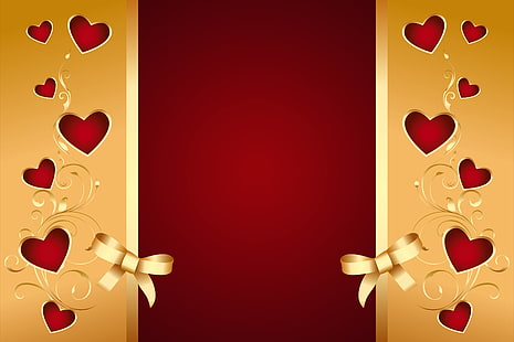 brown ribbon illustration, background, hearts, red, golden, love, romantic, valentine, bow, HD wallpaper HD wallpaper