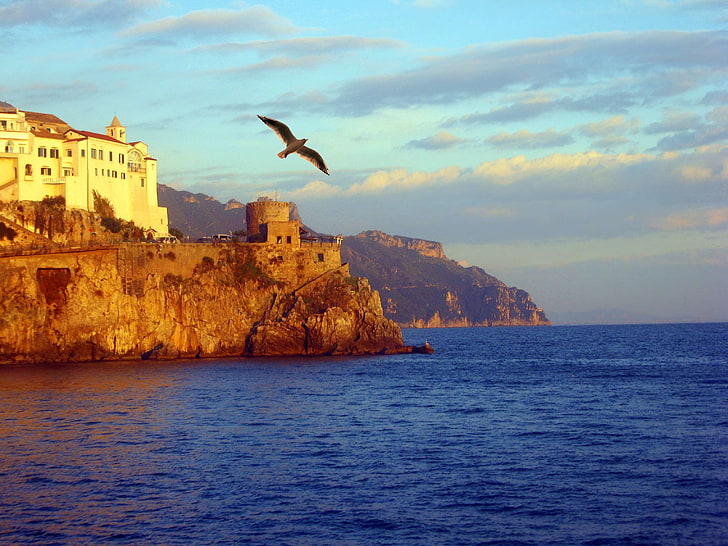 amalfi, spiaggia, nuvole, costa, costa amalfitana, italia, litoral, mar, natura, nuvens, oceano, praia, mare, cielo, Sfondo HD
