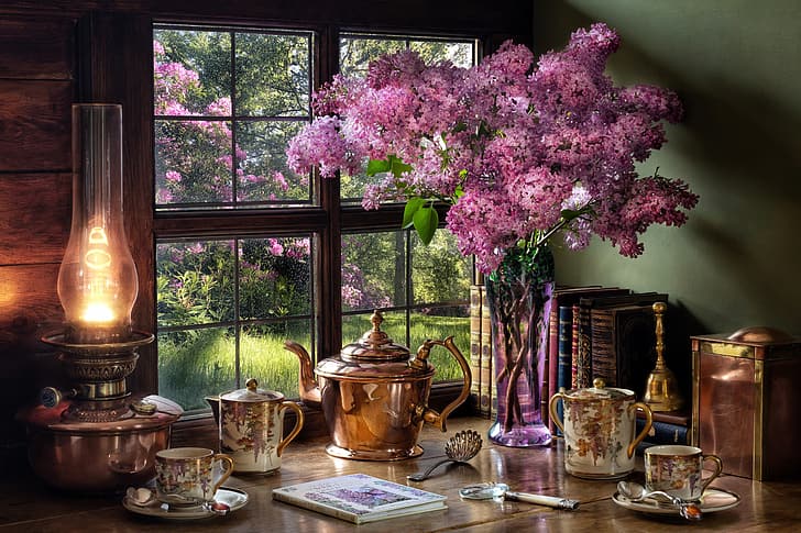 style, books, lamp, kettle, window, Cup, vase, still life, lilac, HD wallpaper