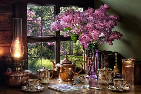 gaya, buku, lampu, ketel, jendela, cangkir, vas, lukisan alam benda, lilac, Wallpaper HD HD wallpaper